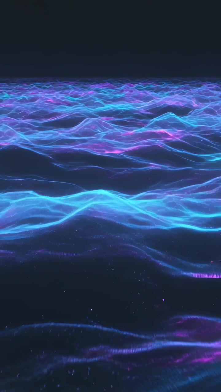 Vertical video: Moving camera revealing neon waves with sparkles at dark horizon, evoking seascape