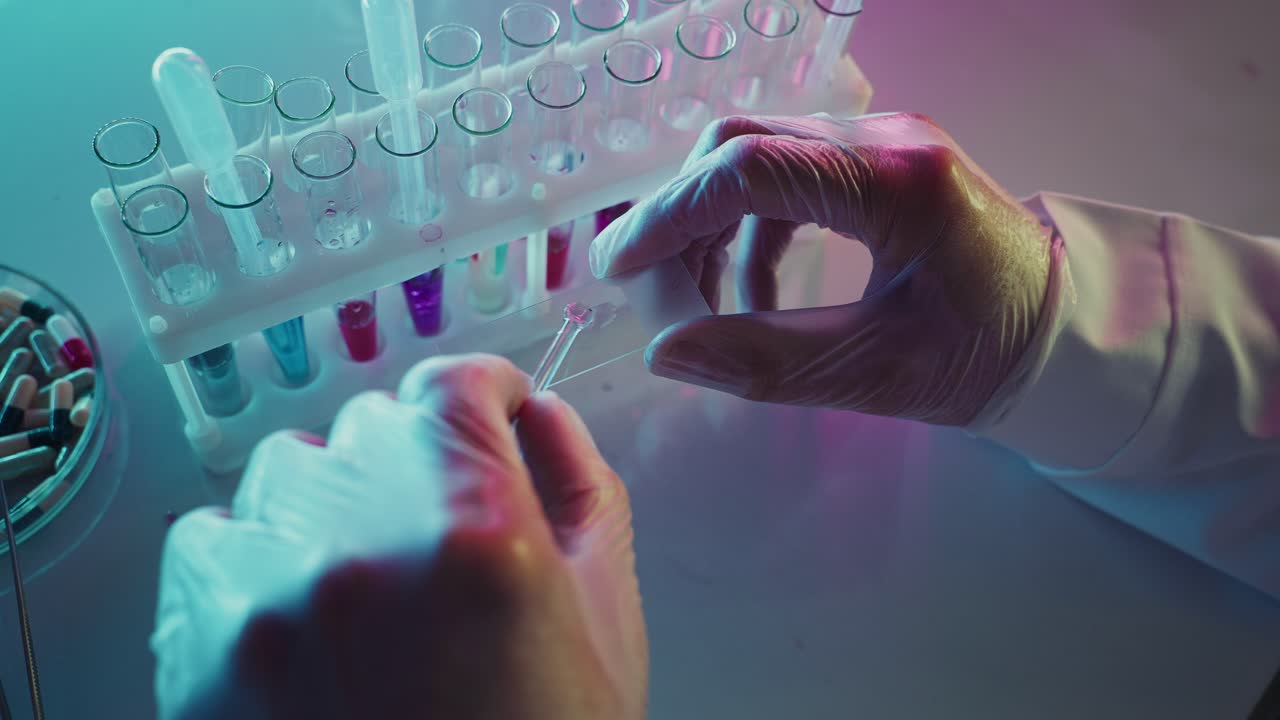 Scientist's Hands Preparing a Sample on a Microscope Slide in a Lab