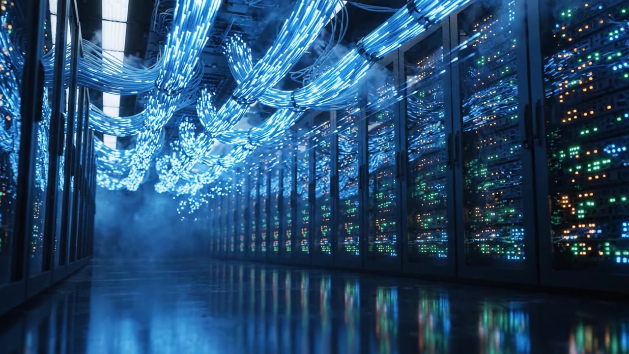 A Futuristic Data Center Showcasing Complex Server Racks with Neon Blue Cables and Dynamic Lighting in an Ambient Environment Filled with Mist