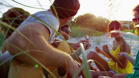 multi ethnic people enjoying beach party with guitar