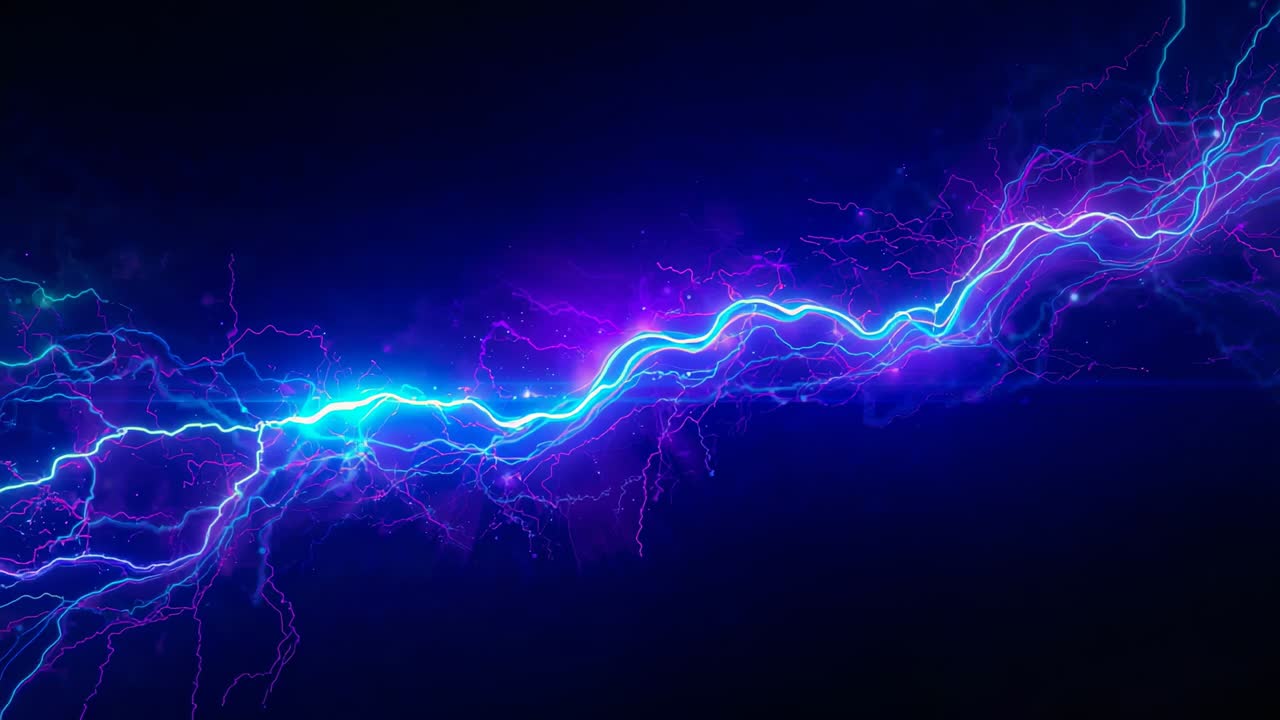 Brightening neon plasma arc thickening branching and pulsing in deep navy void, with purple halo