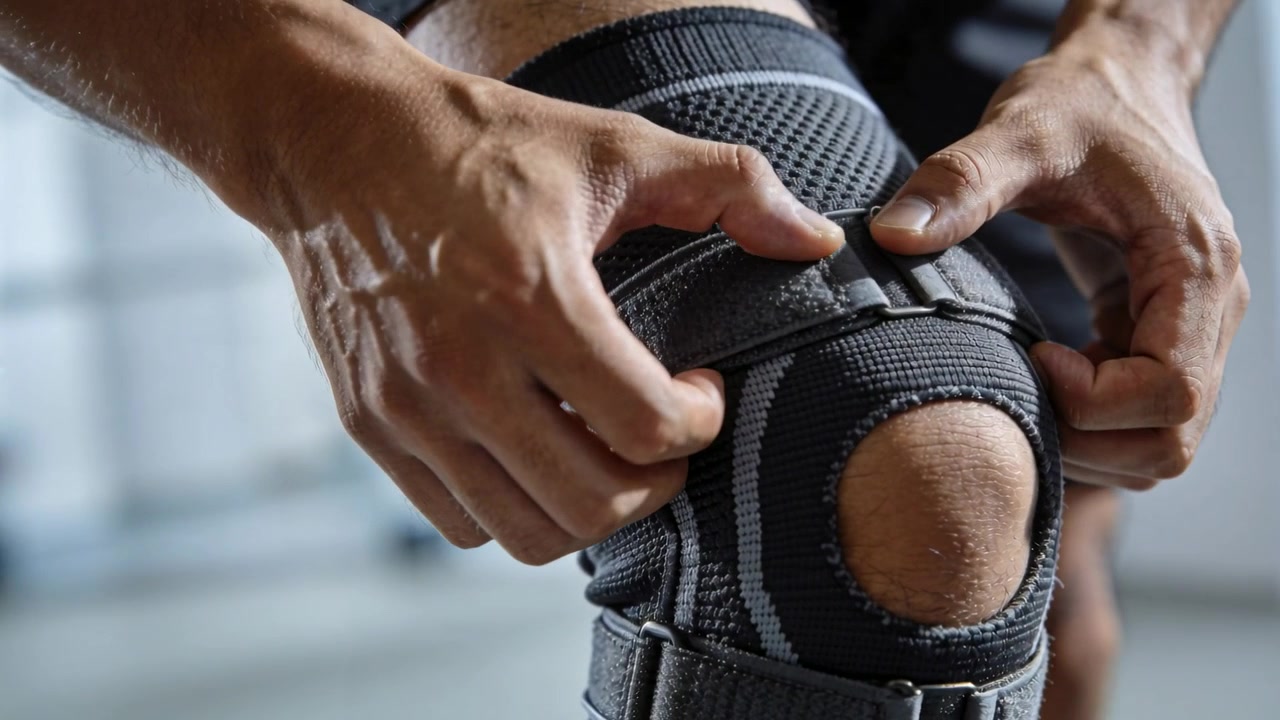 Antes del entrenamiento, atleta ajustando correa de velcro en la rodilla derecha en el gimnasio, usando rodillera y pantalones cortos oscuros.