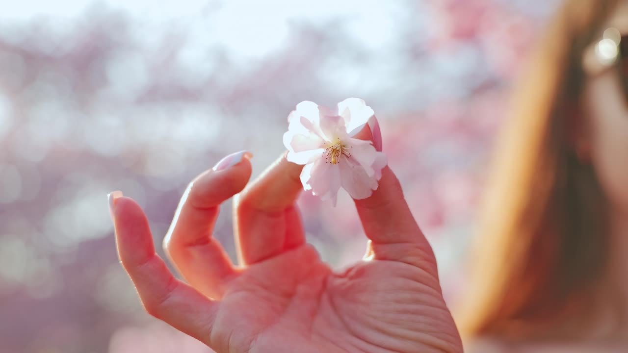 Delicate blossom twirls in hand as golden sunlight highlights soft pink petals