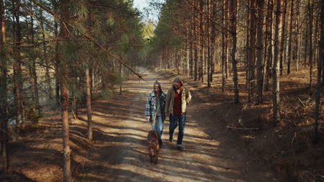pareja y perro caminando en el bosque en un día de primavera