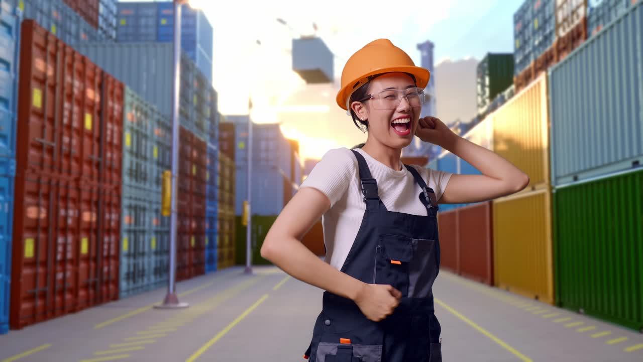 Asian Woman Worker Wearing Goggles And Safety Helmet Dancing While Standing At Container Yard Warehouse