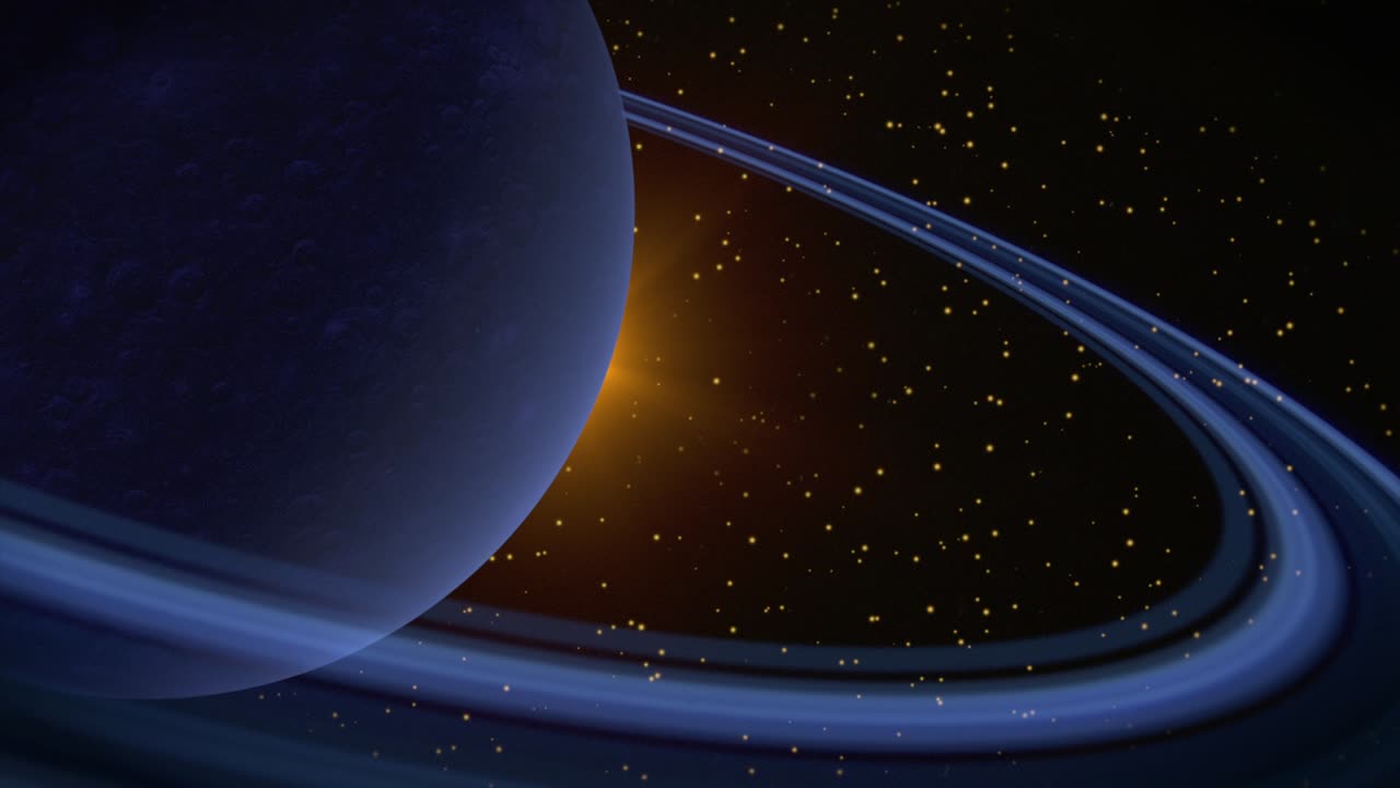 Big blue planet with fly gold stars in galaxy