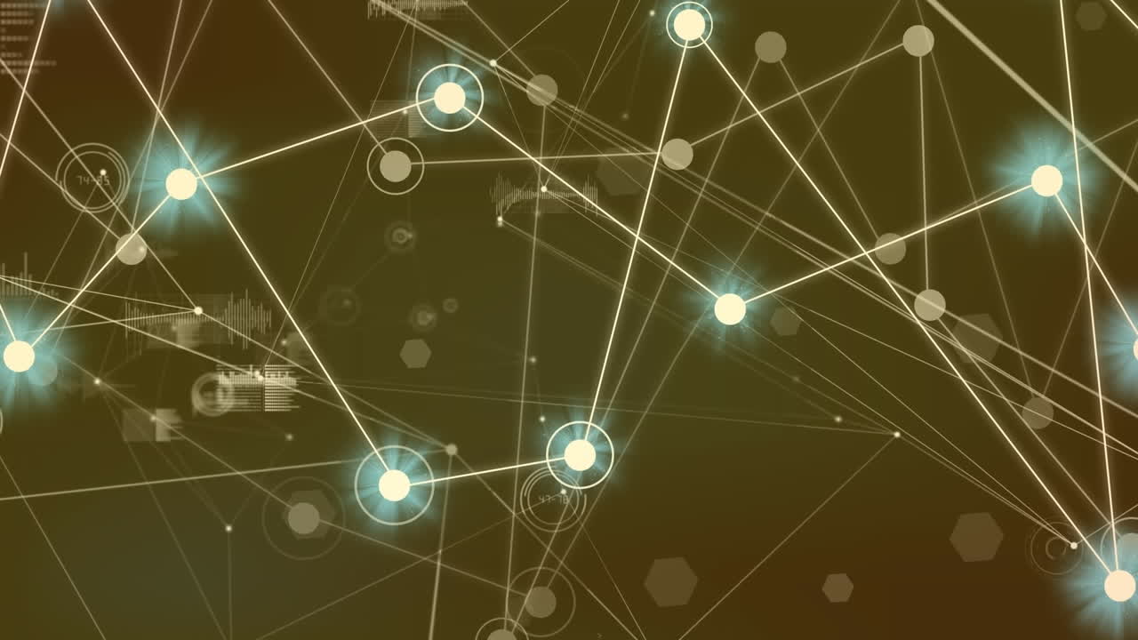 animación de puntos iluminados conectados con íconos de gráficos y ondas sonoras contra un fondo abstracto.