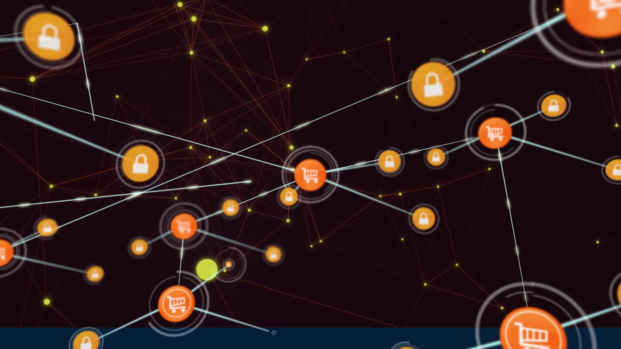 Animazione di rete di connessioni con icone di acquisti online su sfondo nero
