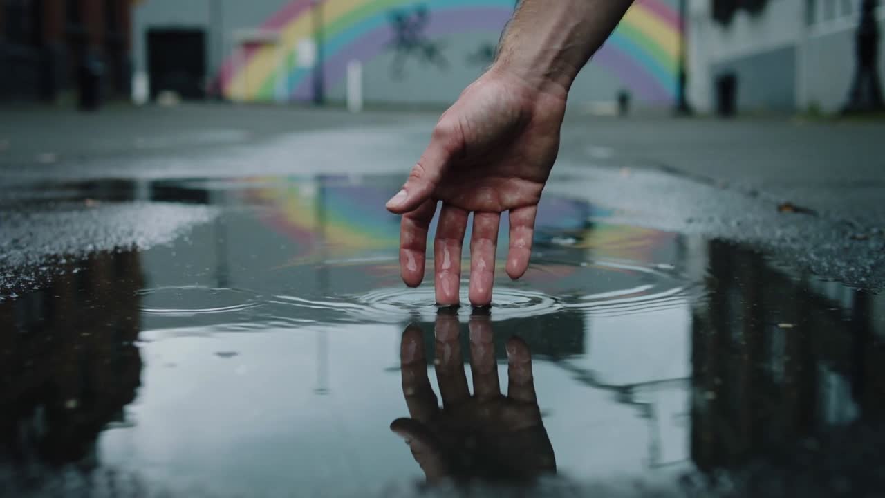 Mano con polso scoperto che crea increspature circolari in una pozzanghera su strada urbana, distorcendo un murale arcobaleno