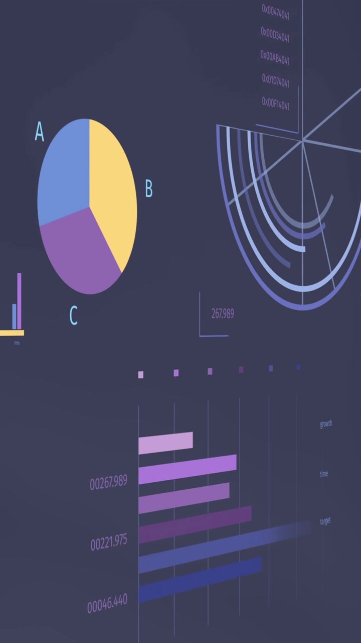 Animation of financial data processing over dark background