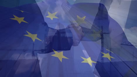 animation of european union waving flag over cityscape