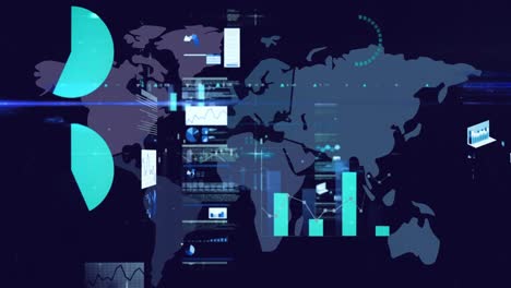 animación digital de la interfaz digital con procesamiento de datos contra el mapa del mundo sobre fondo azul