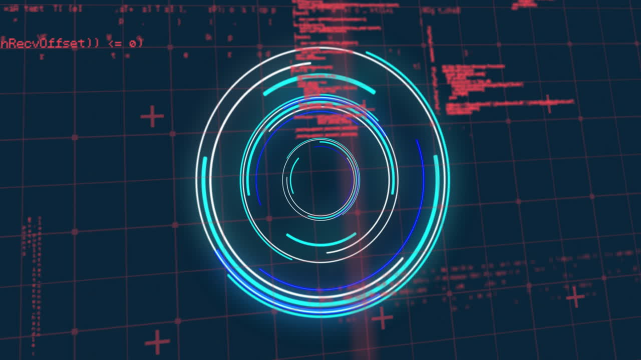 Spinning circular lines and glowing neon animation over dark blurred background
