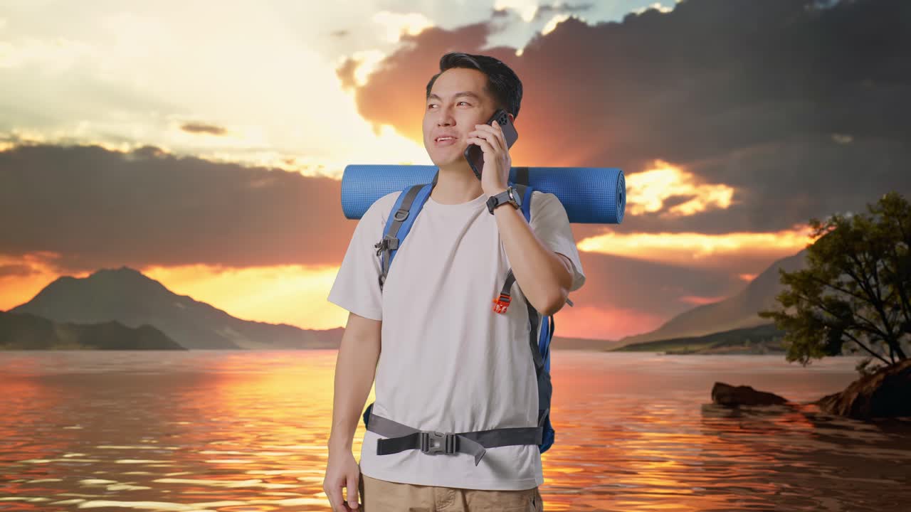 excursionista masculino asiático con mochila de montañismo sonriendo y hablando en su teléfono inteligente en un lago
