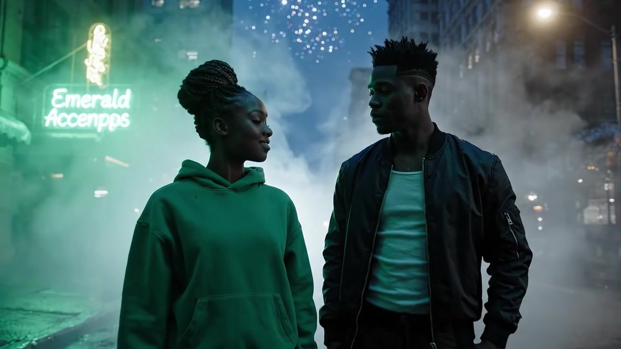 A captivating scene unfolding on a vibrant city street, showcasing diverse individuals illuminated by glowing lights and surrounded by a mysterious fog under a starry sky.