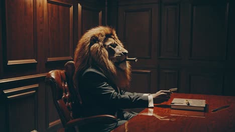 un león en un traje de negocios fumando un cigarro
