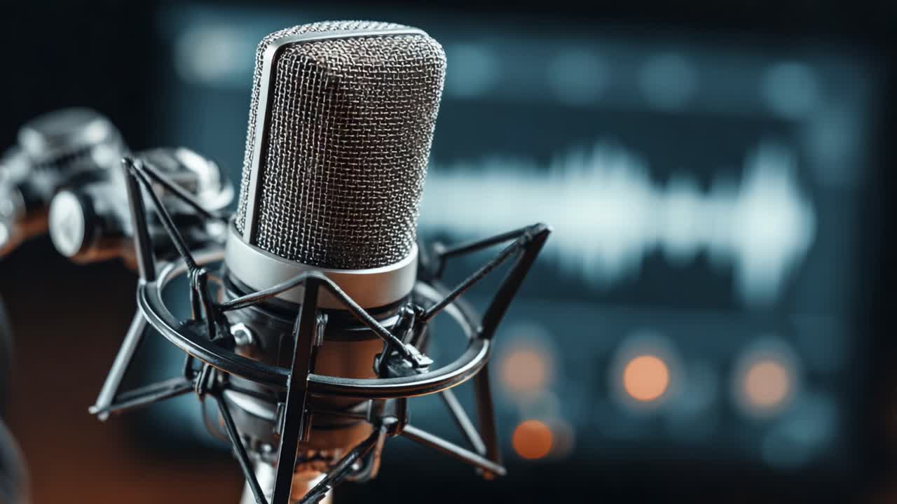 High-Quality Microphone Captured in Detail with Audio Visualization, Showcasing the Essentials for Professional Sound Recording and Broadcasting Techniques