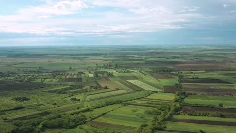 Vista-Aérea-De-Una-Tierra-De-Cultivo-Verde-Con-Cielos-Azules