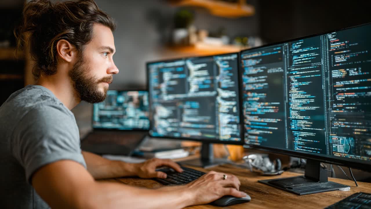 Focused Programmer Working on Multiple Monitors, Engaged in Complex Coding and Software Development in a Modern Workspace Setting
