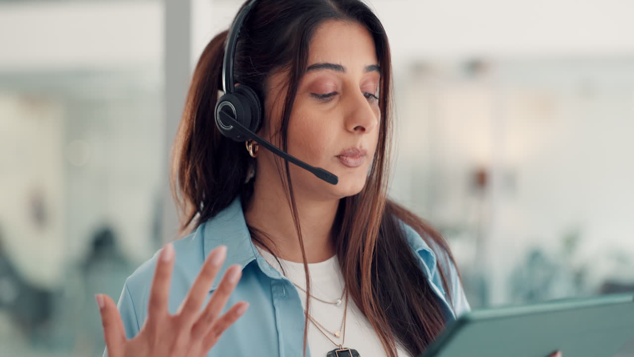Professional Woman Providing Customer Service with Headset and Tablet