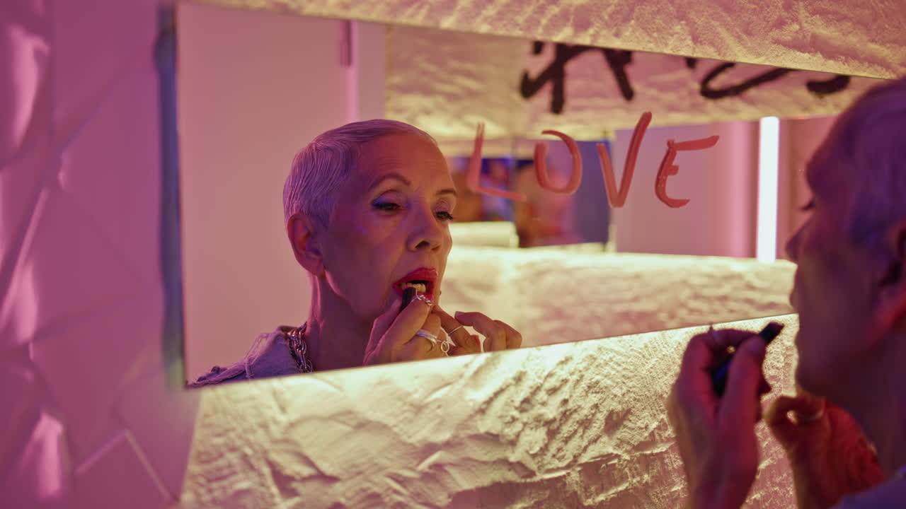 Senior woman applying lipstick in mirror reflection closeup. Cool mature hipster