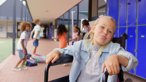 front view of disabled caucasian schoolgirl smiling in the corridor 4k
