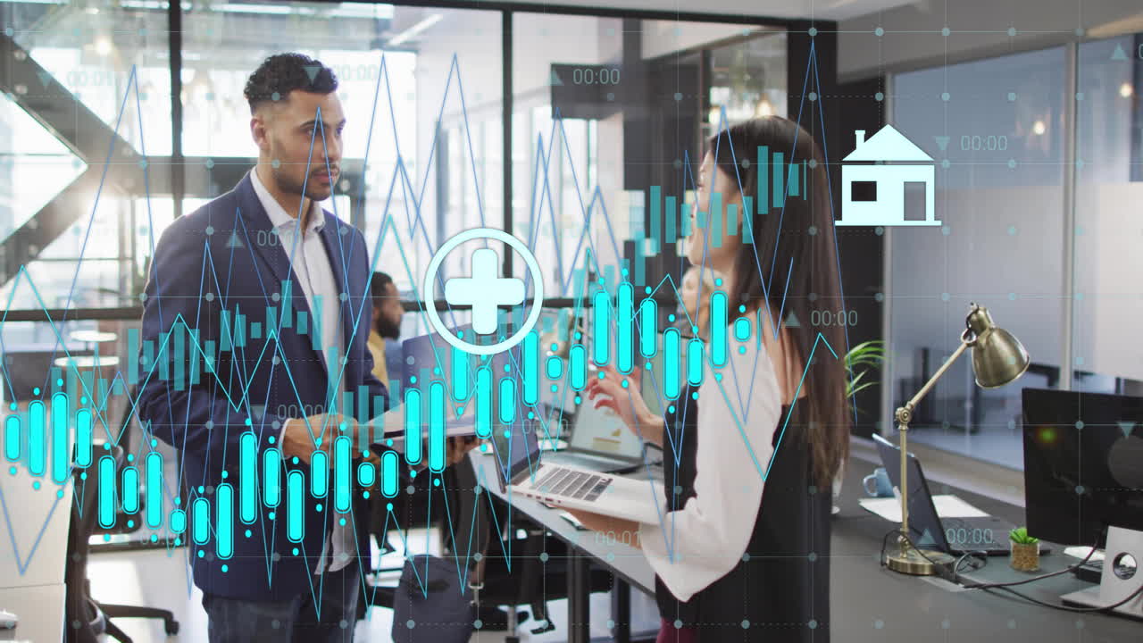 datos financieros y animación de atención médica sobre personas de negocios en la oficina moderna