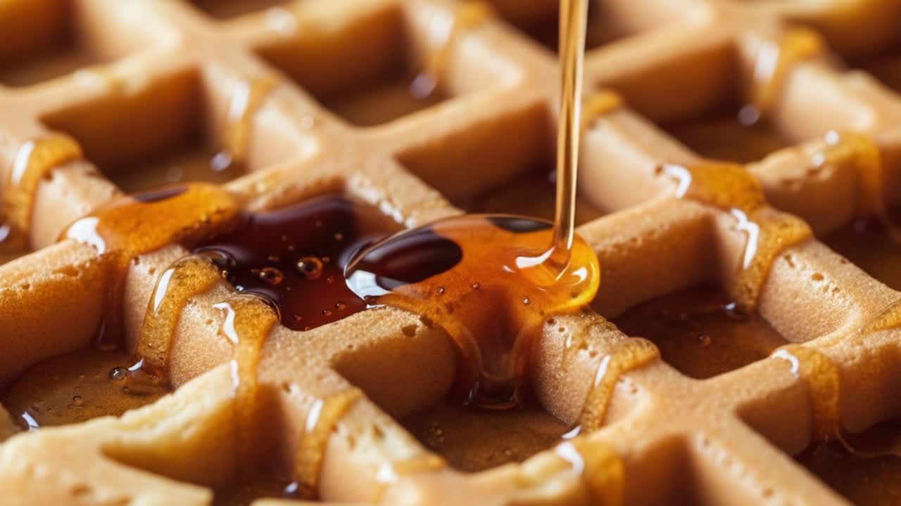 Deliciously Golden Waffles Being Drizzled with Rich Syrup Capturing the Essence of Breakfast Indulgence and Sweet Treats - A Perfect Combination for Any Morning Delight