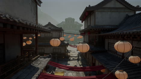 a view of a traditional japanese street with lanterns and fog