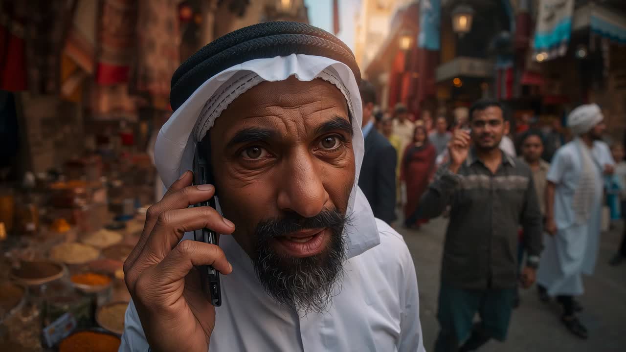 Mand i hvid thobe med sort agal, der svarer på et opkald, går og holder telefonen, mens han taler på et marked