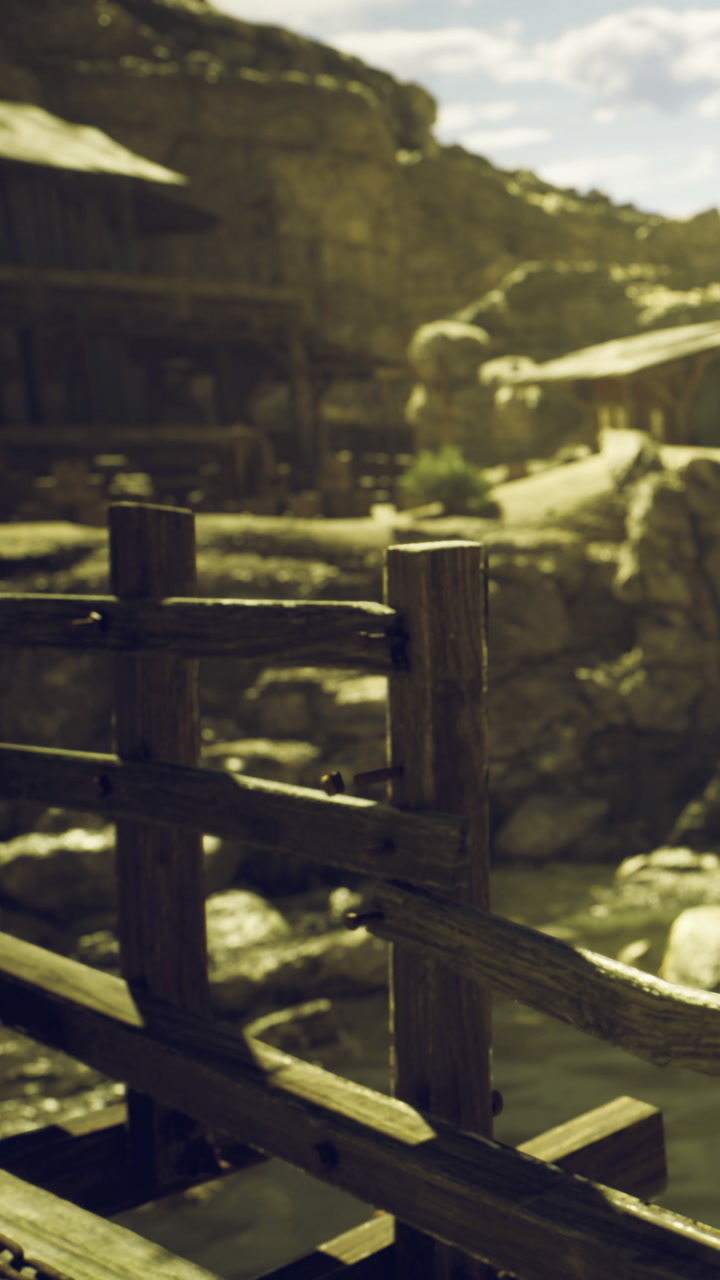 Peaceful moment by the river near a rustic wooden bridge at sunset glow