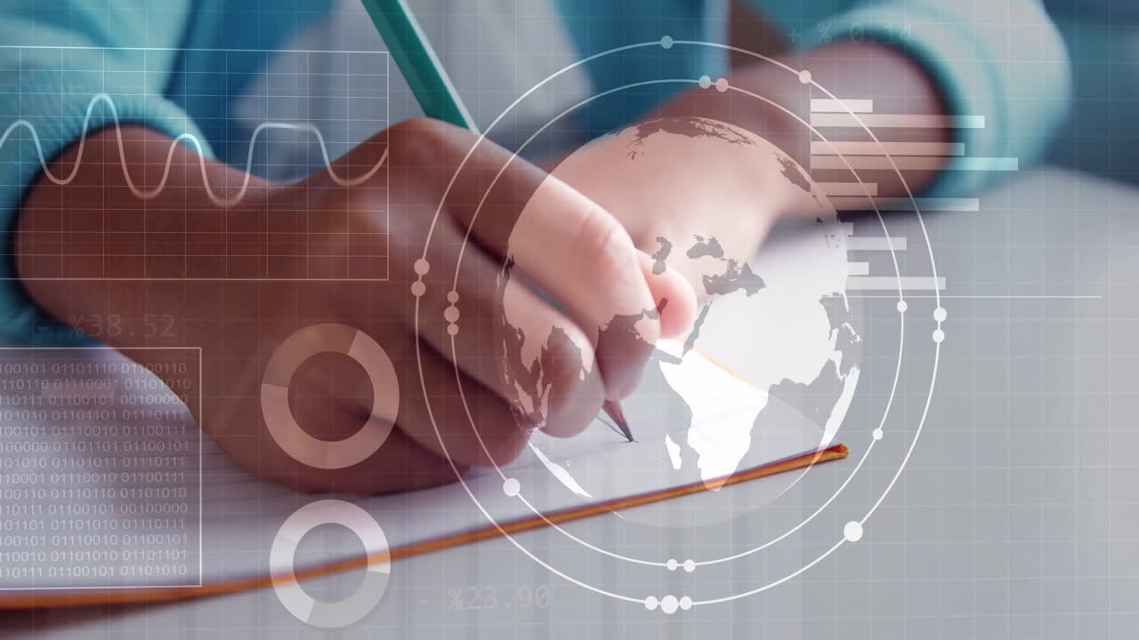Child writing with pencil, global data processing animation over hand