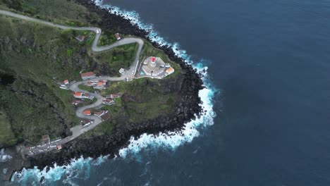 Blue-ocean,-aerial-drone-rotates-green-cliff-landscape-in-Azores-Portugal-drone-view