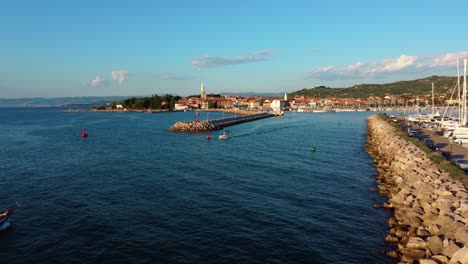 Drone-View-of-Harbor-in-Seaside-Town-Izola,-Slovenia