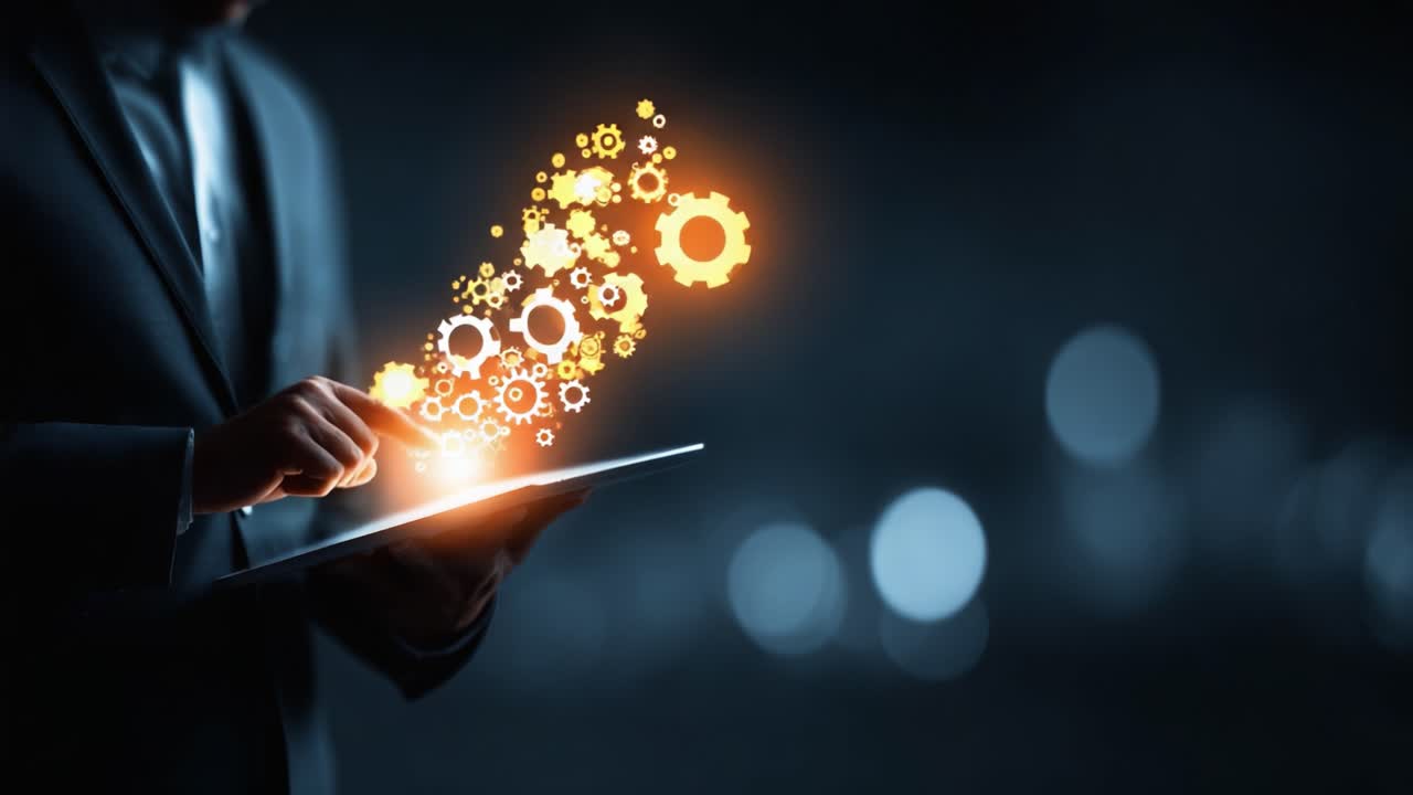 Um Profissional de Negócios com um Tablet para Apresentar Tecnologia Inovadora Através de Gráficos Visuais de Engrenagens e Elementos Digitais em um Ambiente com Pouca Luz.