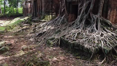 Stone-towers-at-ancient-Koh-Ker-temple,-Cambodia-overgrown-with-trees