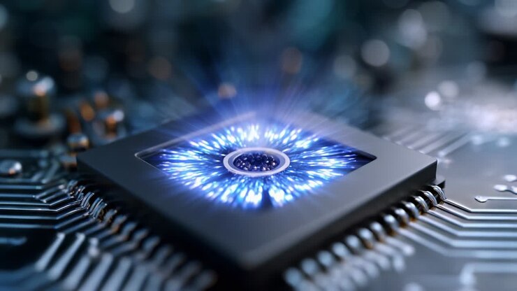 Un contenuto visivo ravvicinato di un chip di computer mostra il design intricato e i progressi tecnologici nella microelettronica, mettendo in evidenza l'energia blu vibrante e la complessità degli schemi dei circuiti nei dispositivi moderni.