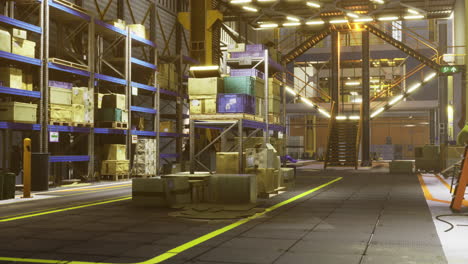 warehouse interior showcasing storage setup and organization at dusk