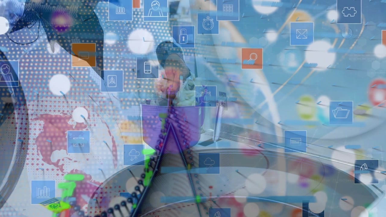 Animation of network of connections and data processing over female doctor