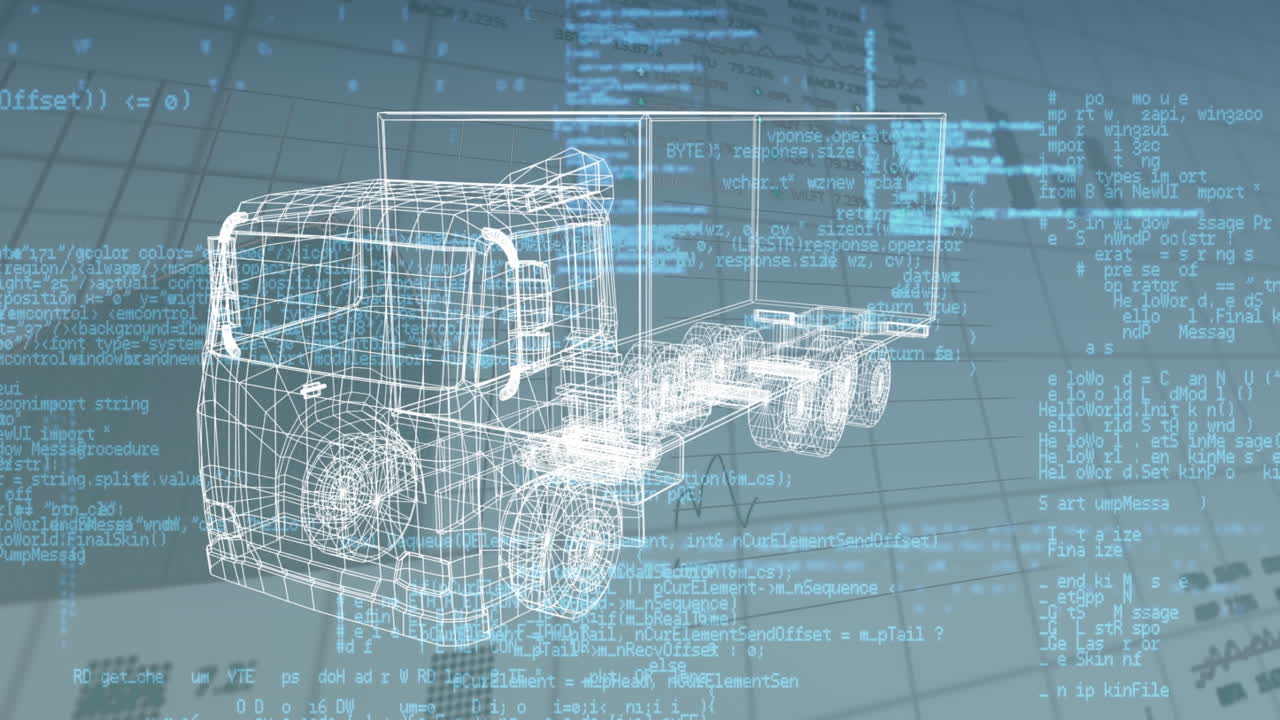 블루 스페이스에서 데이터 처리 위에 회전하는 트럭 프로젝트의 애니메이션