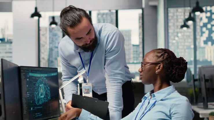 Colleghi di un'azienda proprietaria in teamworking che utilizzano il deep learning