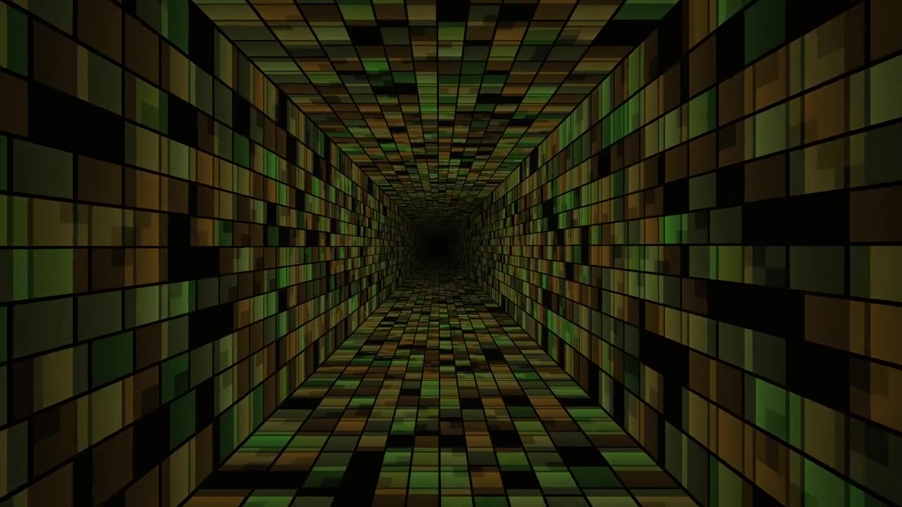 Abstract Digital Tunnel with Glowing Green and Brown Squares