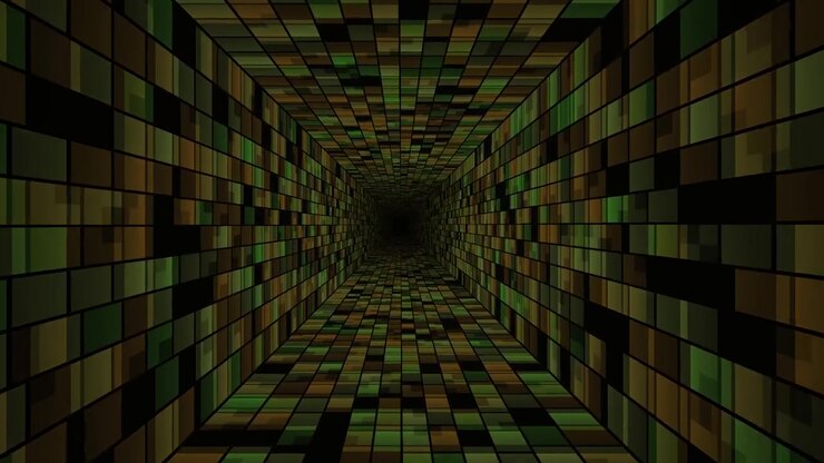 Túnel digital abstracto con cuadrados verdes y marrones brillantes