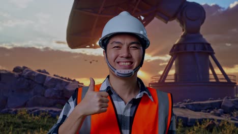 close up of asian male engineer with safety helmet smiling and showing thumbs up gesture to the camera while standing with large satellite dish