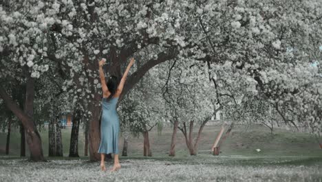 woman dancing in a blooming spring park