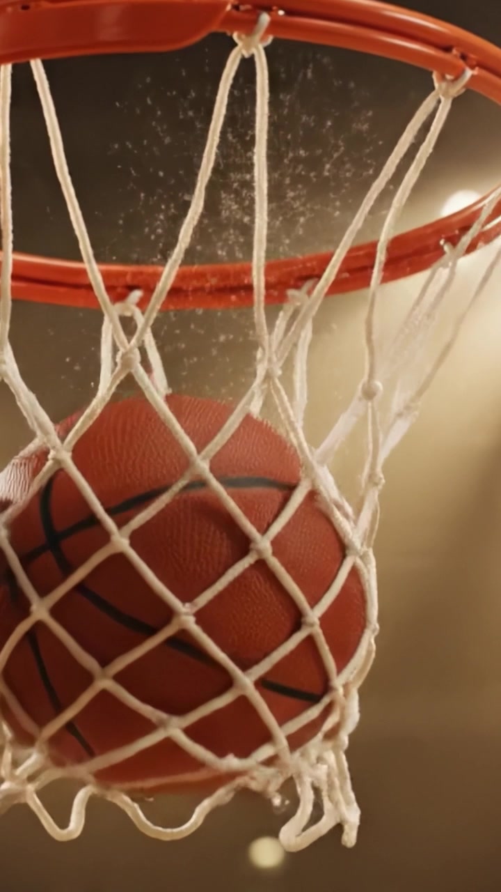 Una vista ravvicinata della rete di un canestro da basket che mostra l'intricata trama e struttura sotto un'illuminazione drammatica, catturando l'essenza dello sport e la sua natura dinamica