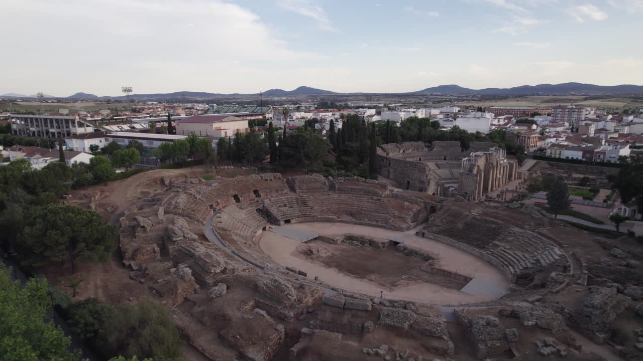 Aerial ground level: Merida's Amphitheatre and Roman Theatre Ruins, Spain