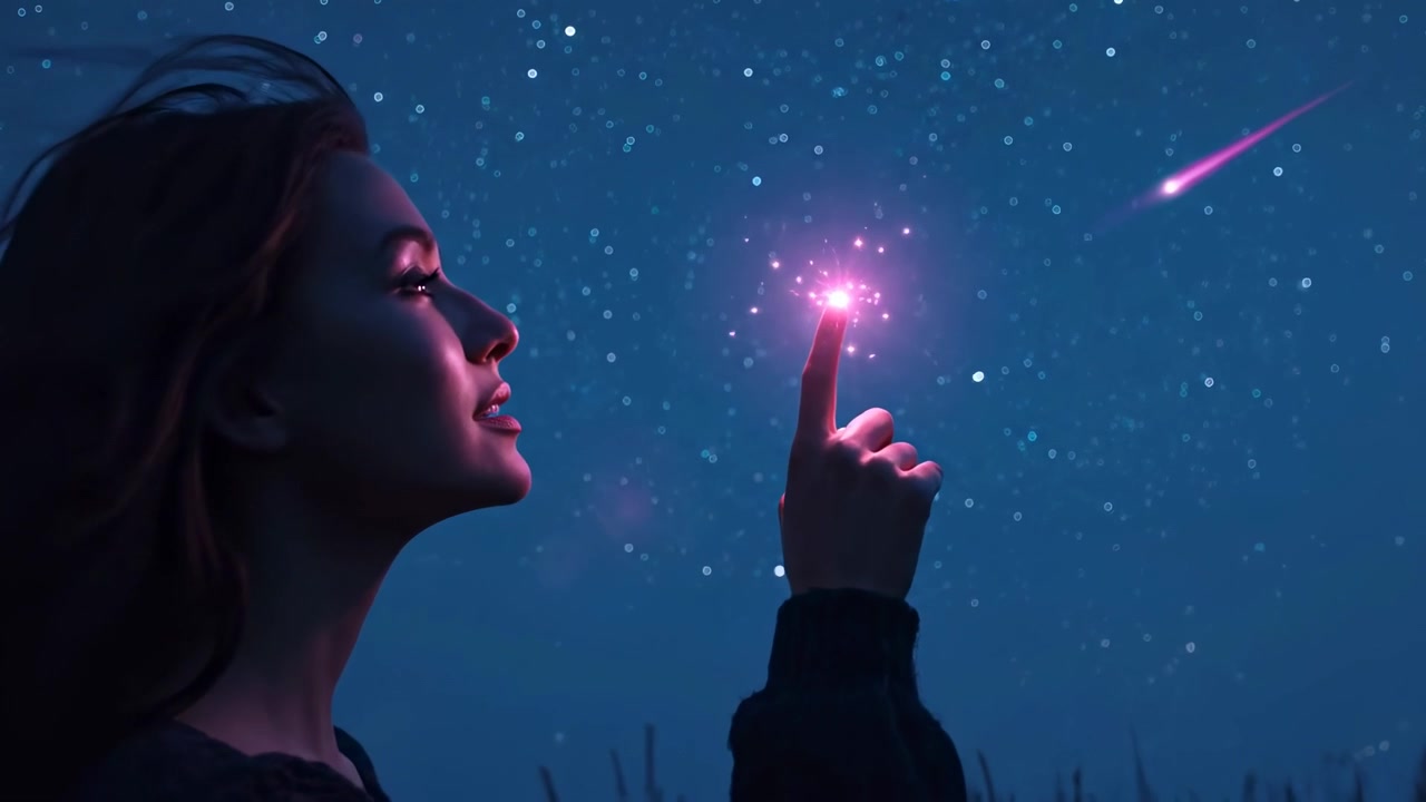 Giovane donna che si protende verso una stella luminosa nel cielo notturno
