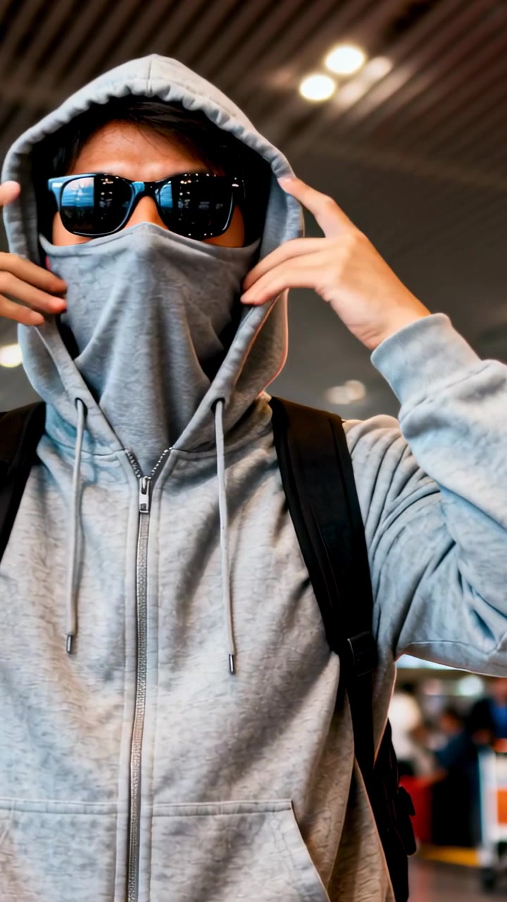 Vertical video: Bright lights causing masked man adjusting shades and pulling hoodie up in airport