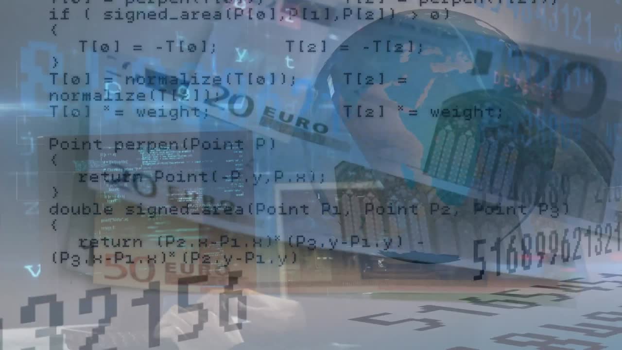 animación del procesamiento de datos y globo sobre los billetes en euros